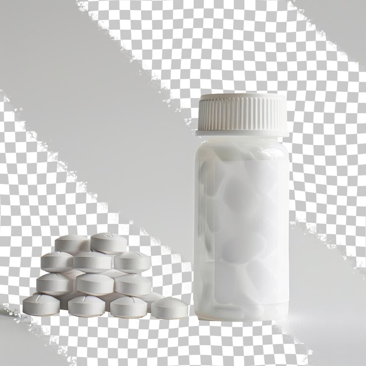 PSD una botella de pastillas con una tapa blanca y una botella blanca de pastillas
