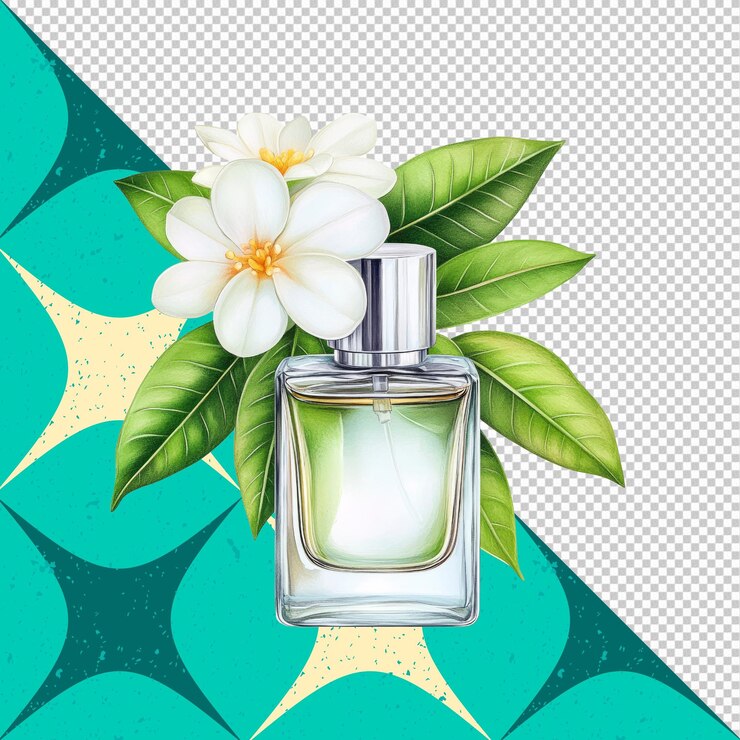 PSD botella de perfume de acuarela con flores blancas y hojas verdes