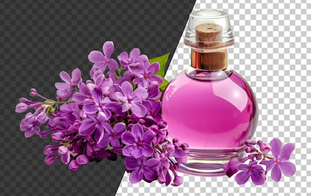 PSD una botella de perfume está al lado de las flores púrpuras stock png