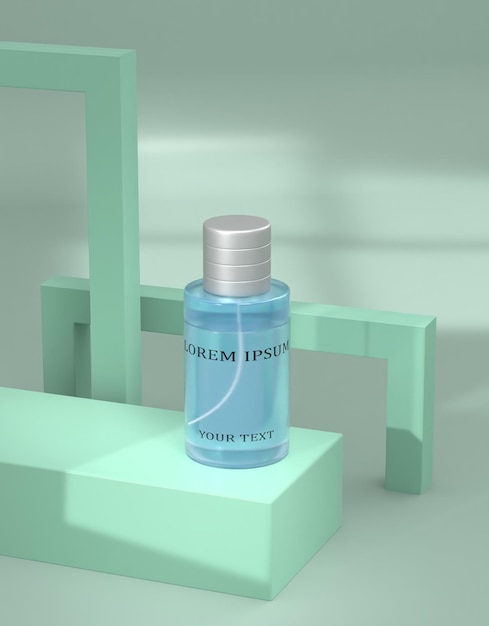 Botella de perfume azul montada en el psd