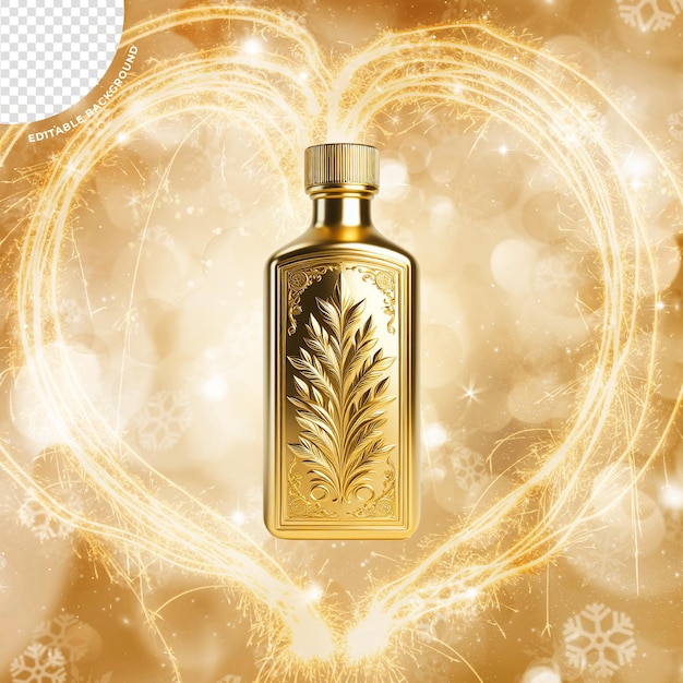 una botella de perfume con un corazón detrás de ella