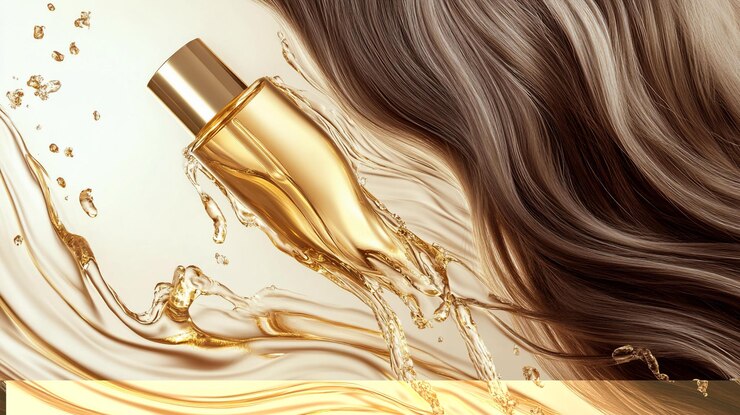 PSD botella de perfume dorada salpicando líquido cerca del cabello marrón