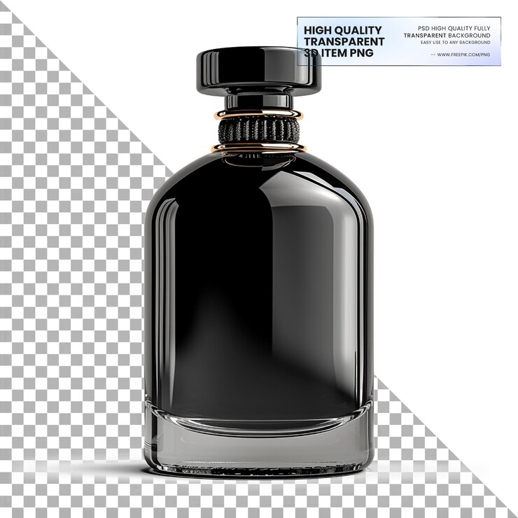 PSD una botella de perfume con una etiqueta que dice alta calidad en la parte inferior