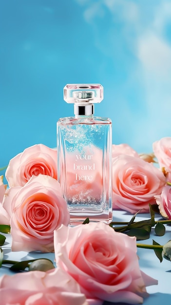 PSD botella de perfume y fragancia renderizada en 3d con fondo de flores naturales
