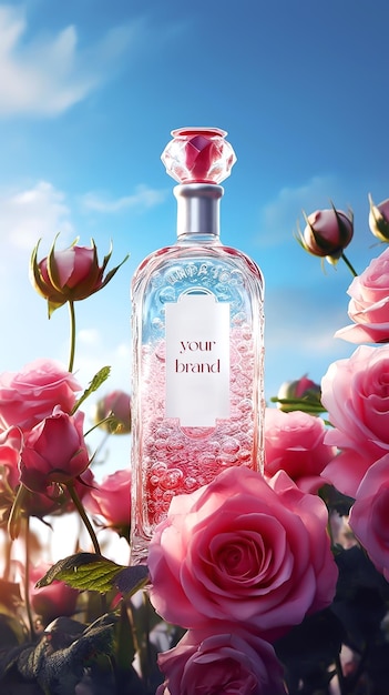 PSD botella de perfume y fragancia renderizada en 3d con fondo de flores naturales