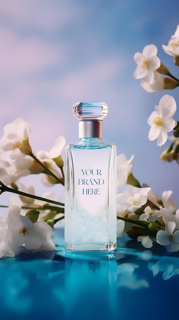 PSD botella de perfume y fragancia renderizada en 3d con fondo de flores naturales