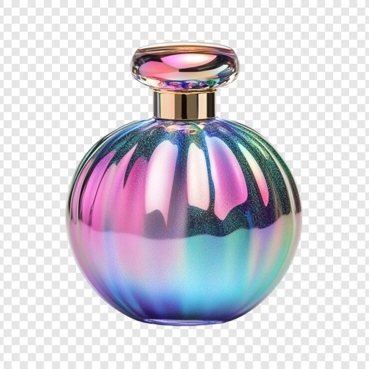 PSD botella de perfume iridescente colores brillantes diseño elegante