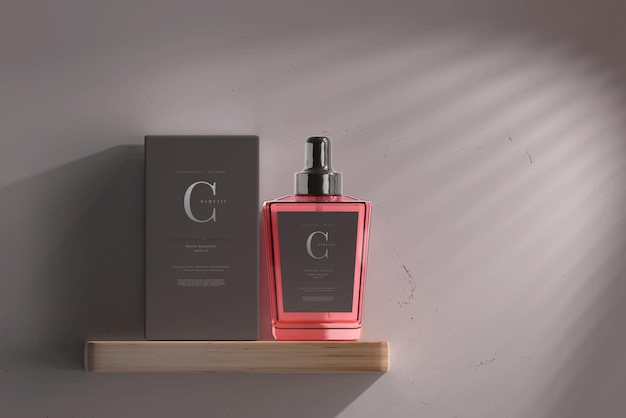 Botella de perfume con maquillaje de caja