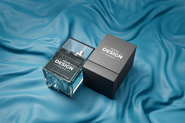 PSD botella de perfume con maquillaje de embalaje en una superficie de textura azul