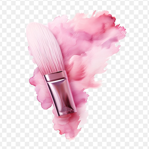 Una botella de perfume con un pincel rosa en un fondo transparente