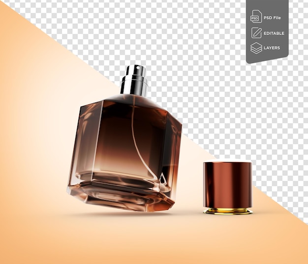 Botella de perfume de tonos ámbar con una tapa de cobre pulido abierta Ilustración 3D de fondo amarillo suave