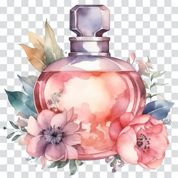 PSD botella de perfume de vidrio rosa y flores aisladas en transparente