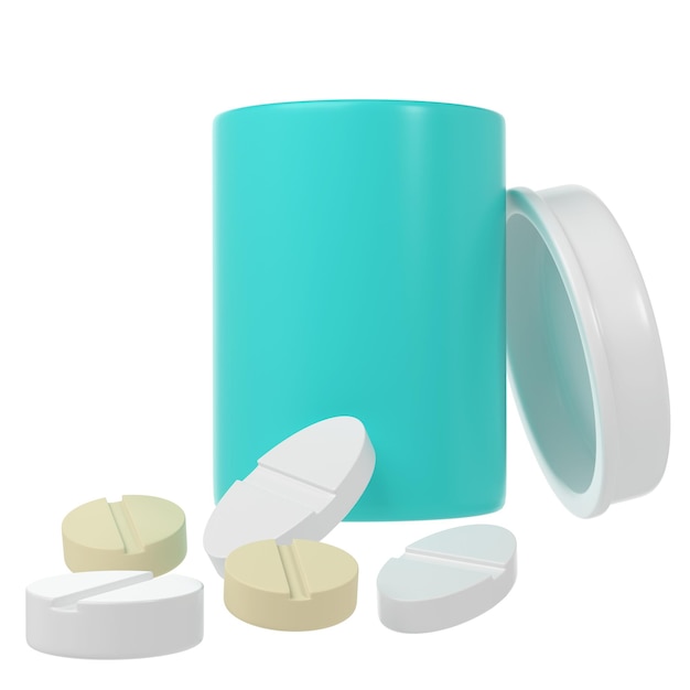 Botella de píldoras 3D icono médico farmacia render frasco de suplemento de plástico turquesa vitamina de proteínas