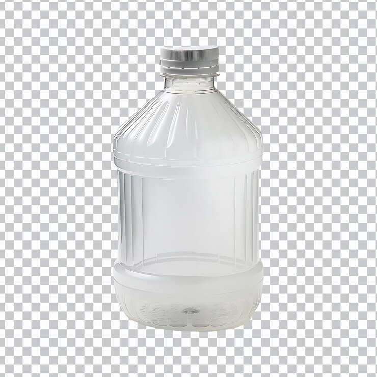 PSD botella de plástico de boca ancha 1 galón tapa blanca abierta aislada sobre un fondo transparente