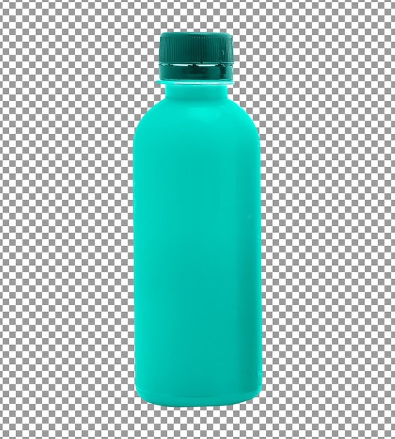 PSD botella de plástico de color turquesa con una tapa negra sobre fondo transparente