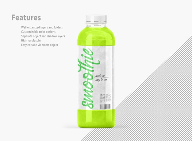 Botella de plástico de maqueta de embalaje de batidos verdes Batido de espinaca kiwi o apio en un recipiente transparente Cóctel de desintoxicación para una dieta saludable Bebida de frutas y verduras aislada en el fondo 3d render