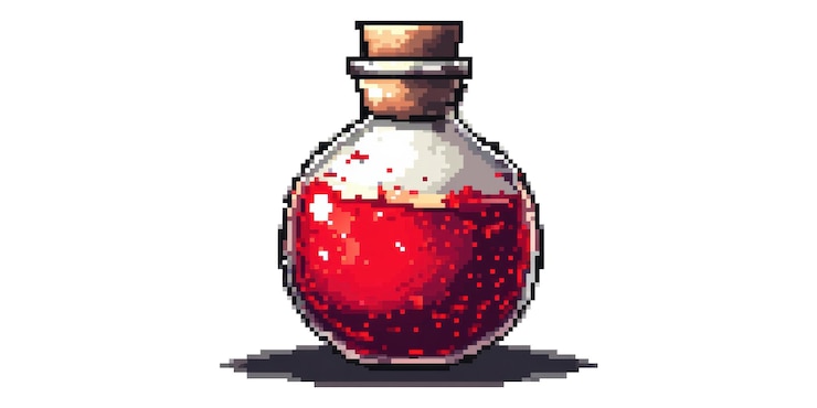 PSD botella de poción de arte de píxeles con líquido rojo aislado en un fondo transparente