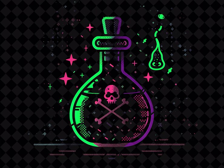 PSD botella de poción misteriosa de 16 bits de píxeles con calaveras y cruz y2k colecciones de arte de color neón de forma