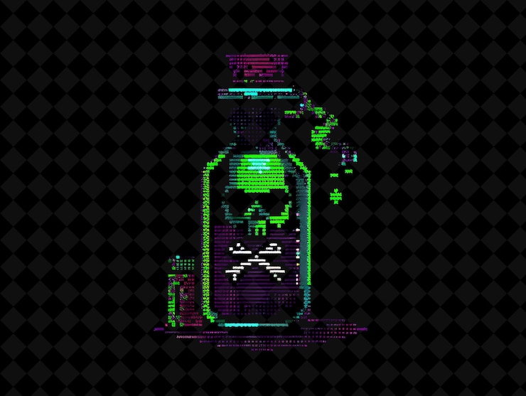 PSD botella de poción misteriosa de 16 bits de píxeles con calaveras y cruz y2k colecciones de arte de color neón de forma