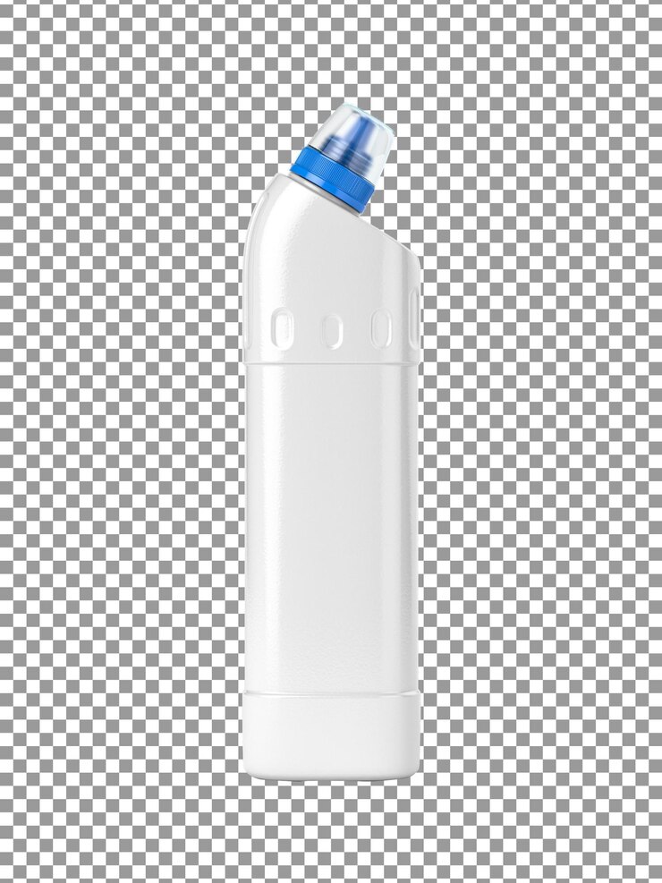 PSD botella de producto químico líquido con una tapa azul aislado sobre fondo transparente