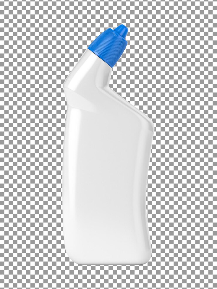 PSD una botella de producto químico líquido con una tapa azul sobre fondo transparente