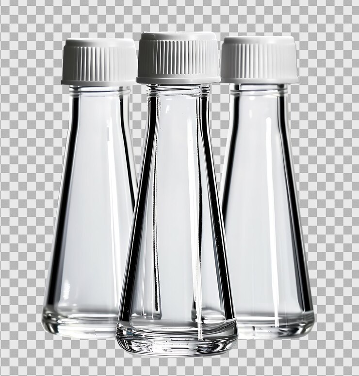 PSD botella de productos químicos de laboratorio científico en un fondo transparente aislado