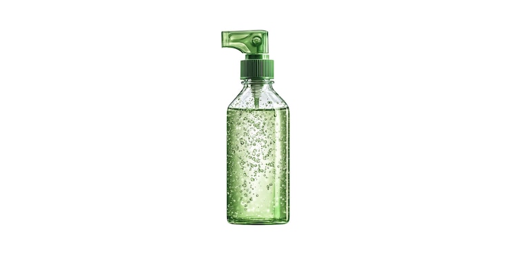 PSD botella de pulverización verde con burbujas líquidas aisladas sobre un fondo transparente