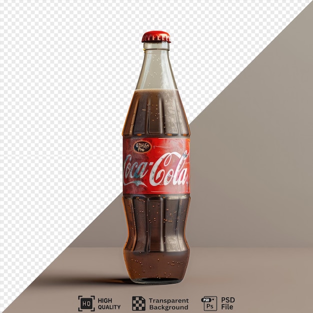 Botella de refresco con etiqueta de coca cola en fondo transparente contra una pared gris y blanca con una sombra oscura en primer plano png psd
