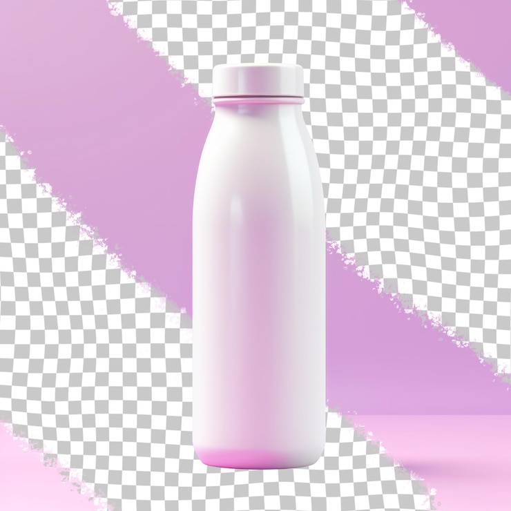 PSD una botella rosa con una tapa púrpura se sienta en una superficie púrpura
