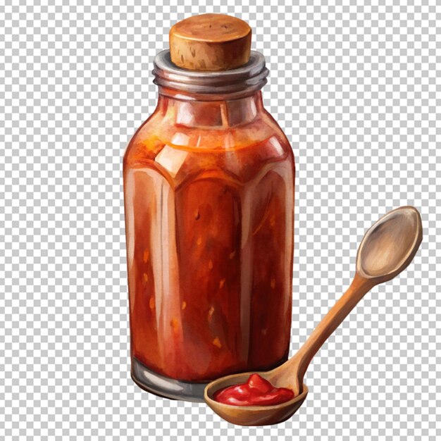 una botella de salsa con una cuchara de madera en transpare