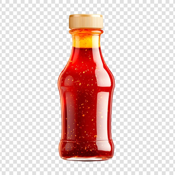 PSD una botella de salsa de frutas roja vibrante en un fondo transparente