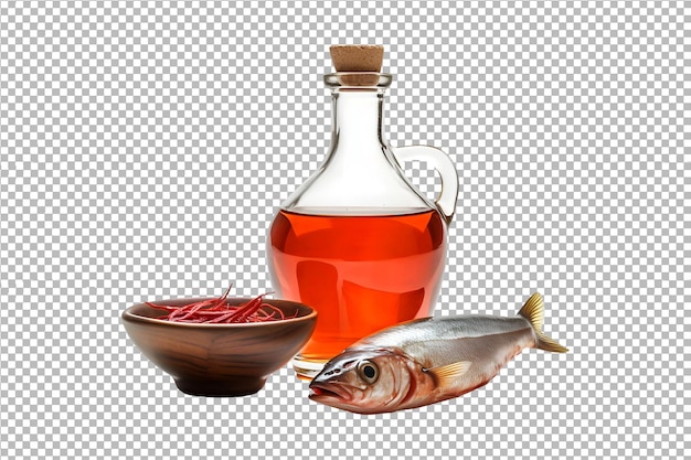 PSD botella de salsa de pescado con pescado aislado sobre un fondo transparente