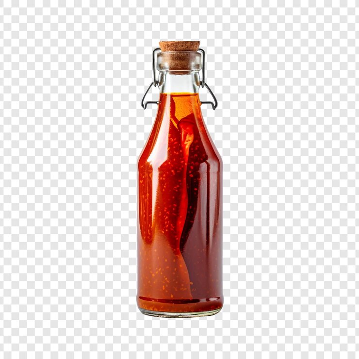 PSD botella de salsa picante aislada sobre un fondo transparente