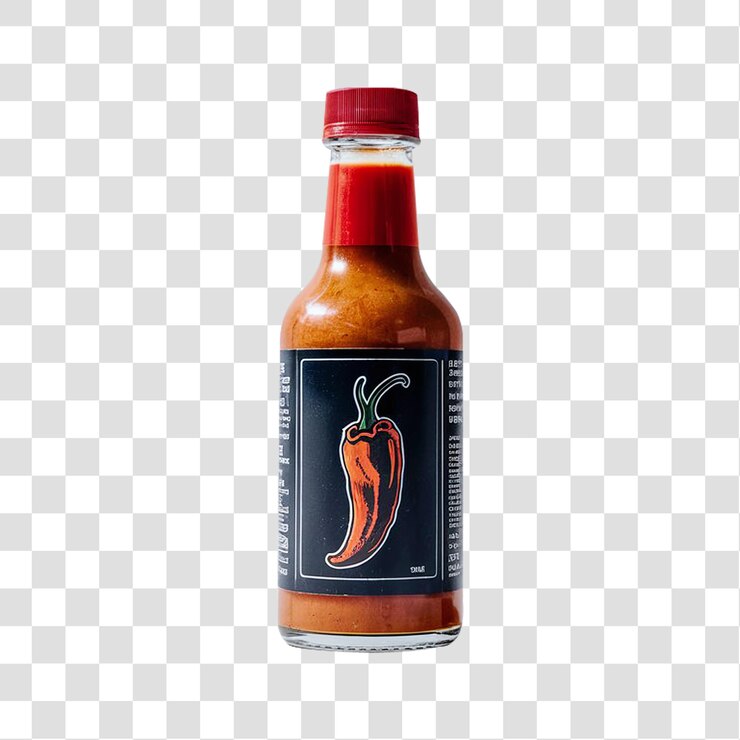 Una botella de salsa picante está llena hasta el borde y aislada sobre un fondo transparente