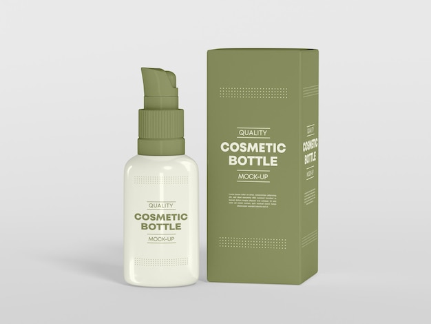 Botella de spray cosmético brillante con maqueta de caja