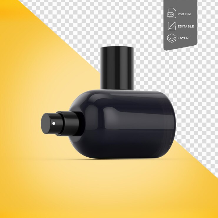 PSD botella de spray de perfume negra brillante abierta con tapa aislada en un fondo amarillo brillante ilustración 3d