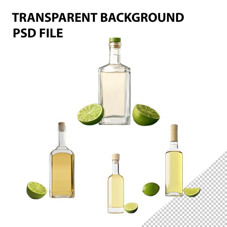 PSD una botella de tequila con una cuña de limón.