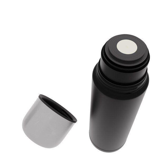 Botella de termo negra con tapa abierta Concepto de taza de viaje para bebidas calientes