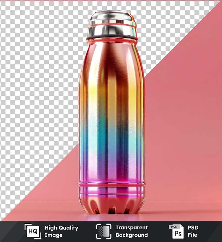 PSD botella de termo con rayas de arco iris en un fondo rosado