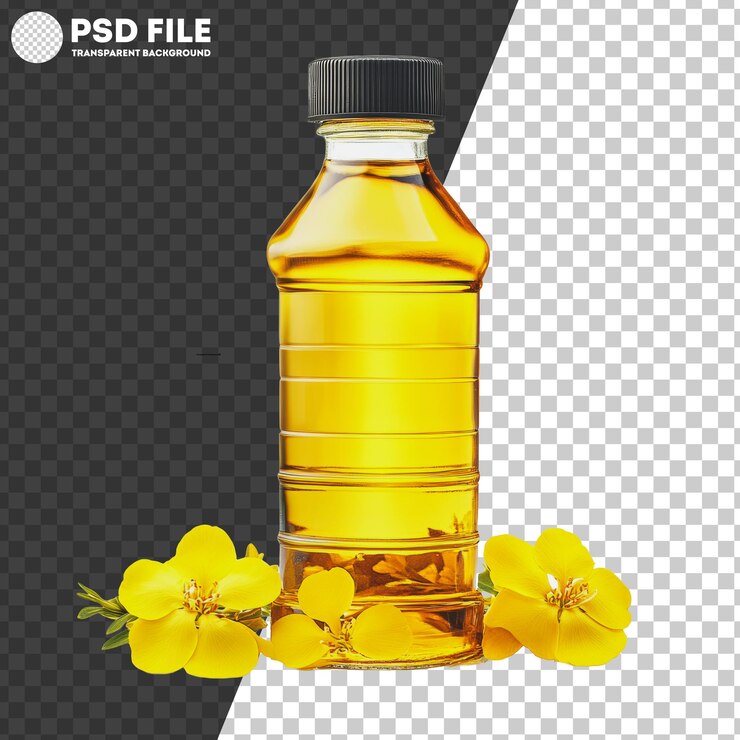 PSD botella transparente de aceite amarillo con flores amarillas sobre un fondo blanco