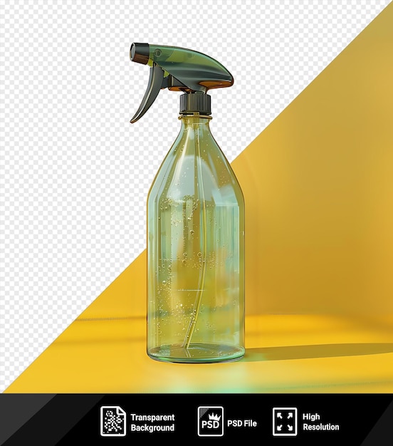 PSD botella transparente de pulverización de pesticidas en la mesa amarilla contra la pared amarilla