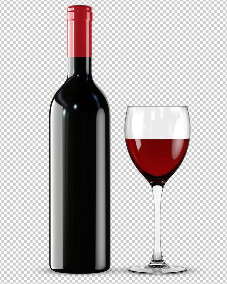 Botella y vaso de vino tinto.
