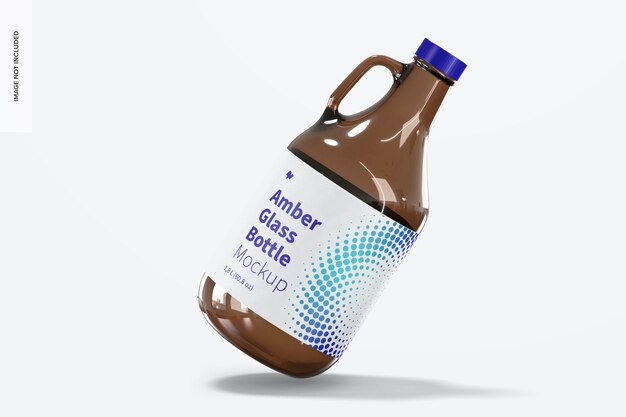 Botella de vidrio ámbar con maqueta de frasco con asa, inclinada