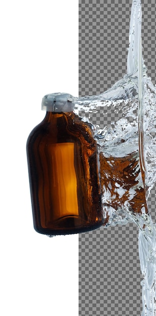 Botella de vidrio ámbar recipiente cosmético caer en agua clara con burbuja de aire recipiente de tratamiento cosmético caída en agua clara de frescura fondo blanco elemento de congelación aislado