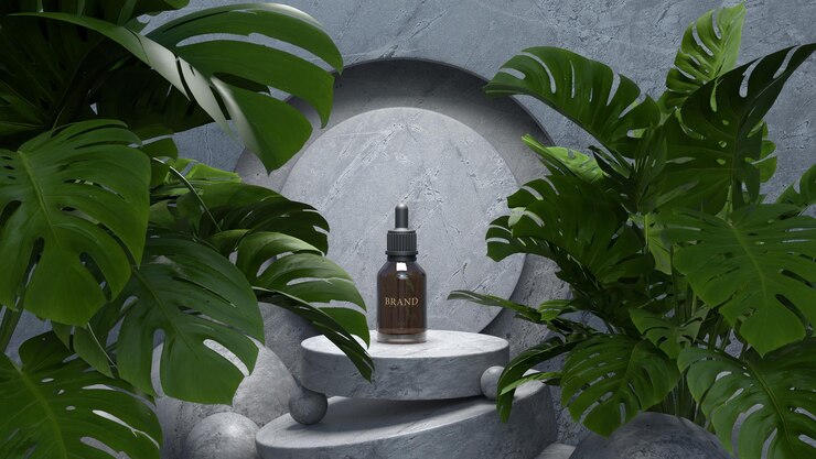 PSD botella de vidrio cuentagotas de cosmético en la representación 3d de la escena del podio de la naturaleza psd premium