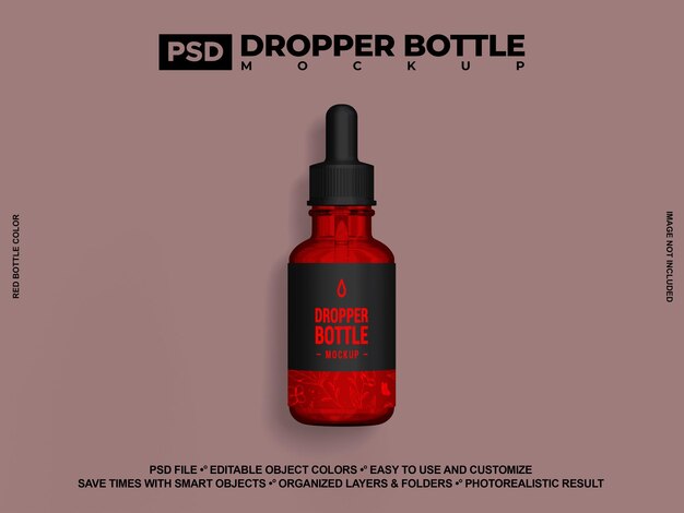 Botella de vidrio rojo con aceites esenciales y gotero 3d render psd mockup para la marca