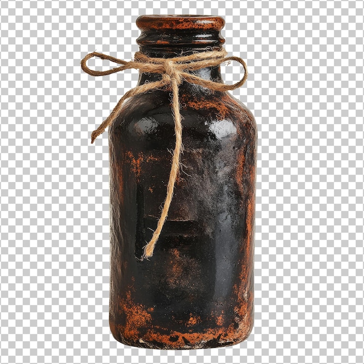PSD botella de vidrio rústico con hilo sobre transparente blanco
