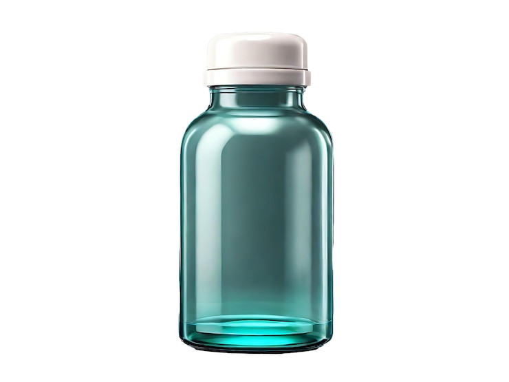 Botella de vidrio sobre un fondo transparente