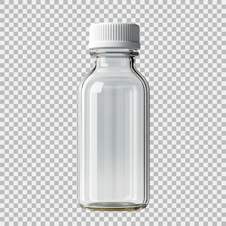 PSD botella de vidrio transparente vacía con una maqueta de producto de tapa blanca aislada sobre un fondo transparente
