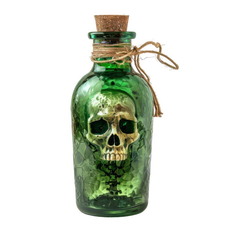 PSD botella de vidrio verde con calavera y corcho